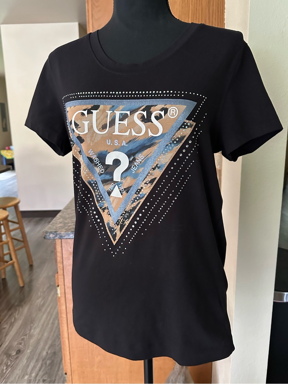 Guess Black Tee with Sequins, Gold and Blue Triangle Graphic, Size M/L, NWT